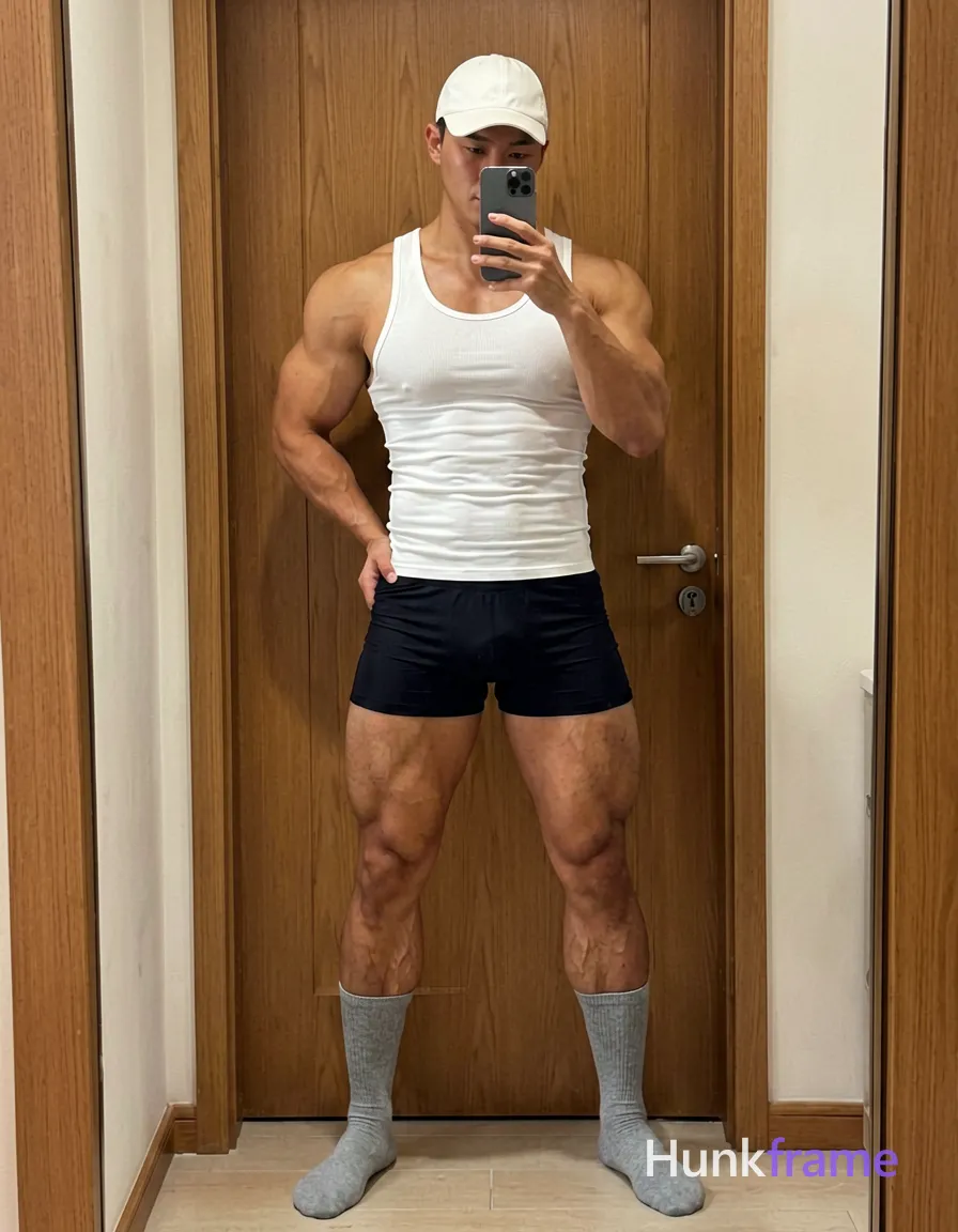 Candid iPhone selfie of a handsome muscular man with light-medium skin and short dark hair under a white cap in a trendy fitness influencer setting. He stands facing the camera in a wide stance against a wooden door, wearing a white ribbed tank top covering his torso completely, black tight-fitting shorts ending mid-thigh revealing thick quadriceps and calves, grey knee-high socks worn barefoot. His right hand holds a smartphone at chest level taking the photo while his left hand rests behind his back holding the waistband of his shorts. Natural indoor lighting creates real lifestyle scene with confident athletic vibe; clean background with minimal distractions captures vertical social-feed look., wearing underwear or swim trunks, covered genitals, no frontal nudity, a single uninterrupted photograph only, no written words or typography anywhere in frame, no captions, no app UI, no social-media post layout, no screenshot borders