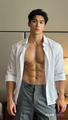 Asian man with medium tan skin and thick dark hair styled back Shirtless upper body revealing define