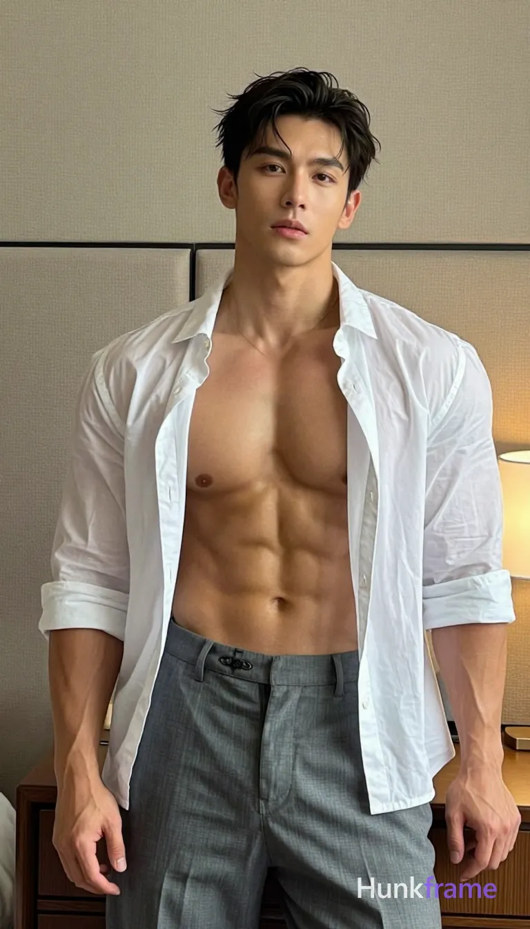 Asian man with medium tan skin and thick dark hair styled back Shirtless upper body revealing defined pectorals and six-pack abs under slightly sheer white button-down shirt open to waist, sleeves rolled mid-forearm; Grey tailored trousers visible from thighs up; Neutral composed expression direct gaze into reflection; Warm ambient glow from bedside lamp illuminates sculpted musculature against beige headboard backdrop, shot on iPhone 15 Pro main camera, authentic smartphone computational photography, natural Smart HDR and true-to-life skin texture, vertical 9:16 Xiaohongshu lifestyle feed, bright clean everyday scene, unretouched phone photo with subtle sensor grain, trendy Chinese internet 网红 aesthetic, candid influencer energy; single clean uninterrupted photograph with a cohesive editorial composition and plain continuous surrounding surfaces