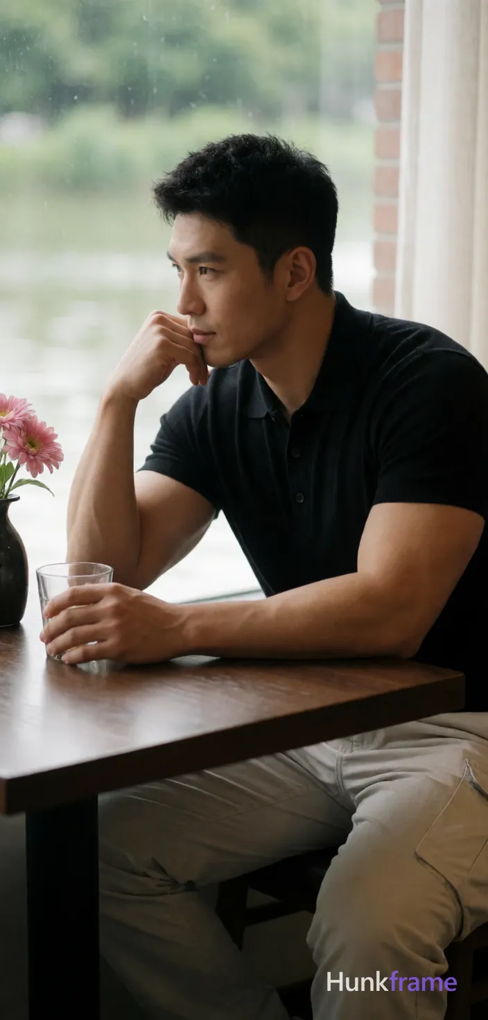 Heavily muscular adult man with substantial muscle mass, wide shoulders, thick neck, large chest and arms, powerful thighs, and dense bodybuilding proportions; Asian man seated sideways at a dark wooden table in an indoor cafe, heavily muscular build with short black textured hair and clean-shaven face; He wears a buttoned black short-sleeved polo shirt and light beige cargo pants, fully clothed adult; His right elbow rests on the surface supporting his chin while he gazes contemplatively leftward toward a window view of water and greenery; his left arm extends forward holding a clear glass steady on the tabletop; A dark vase with pink flowers sits at the left edge; Soft natural light from the right creates gentle highlights, cinematic composition with shallow depth of field blurring the background, same aesthetic theme and photo feel as the reference but a different man in a different pose with distinct body proportions, Thai man, smooth tan skin, gentle eyes, slim toned Muay Thai physique; single clean uninterrupted photograph with a cohesive editorial composition and plain continuous surrounding surfaces