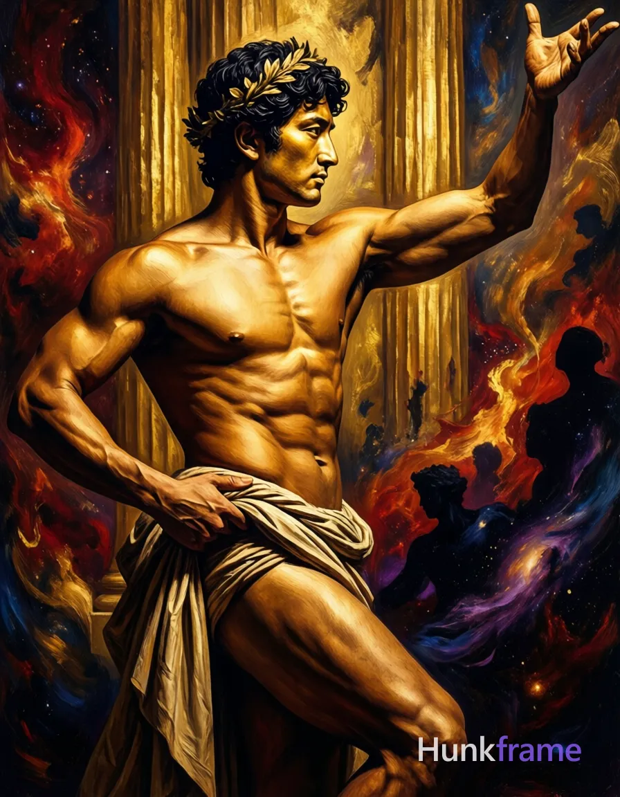 A handsome adult man with bronze-golden skin and short dark curly hair styled with a wreath-like accessory stands in contrapposto, left arm extended upward open-handed while right hand holds draped fabric at the hip. He is shirtless with bare chest, abdomen, and shoulders exposed, wearing only a toga-style cloth around lower hips revealing thick thighs. The sculpted torso features defined abs and broad shoulders against an abstract background of vertical golden columns and swirling cosmic patterns in deep reds, burnt oranges, gold/bronze tones, dark blues, purples, and black silhouettes. Dramatic directional lighting from front-left casts strong shadows on the right side creating high-contrast chiaroscuro that highlights musculature. Textured brushwork renders a stylized classical figure in painterly style within a vertical portrait composition., same aesthetic theme and photo feel as the reference but a different man in a different pose with distinct body proportions, Japanese man, soft masculine features, straight black hair, slim dancer build, a single uninterrupted photograph only, no written words or typography anywhere in frame, no captions, no app UI, no social-media post layout, no screenshot borders