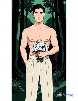 Bold flat-color wall art graphic design featuring an Asian man with light-medium skin standing uprig