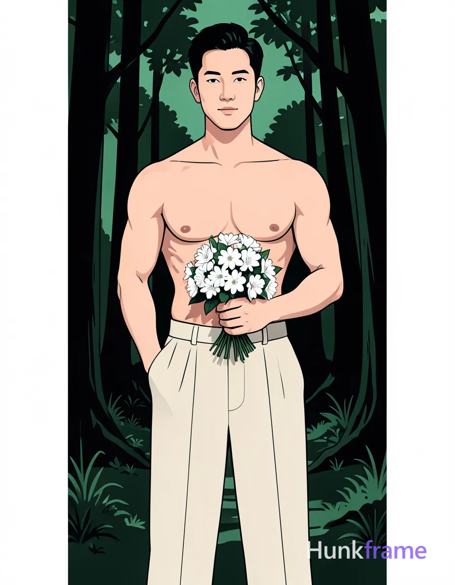 Bold flat-color wall art graphic design featuring an Asian man with light-medium skin standing upright in a vertical portrait orientation. He is shirtless revealing broad shoulders and defined pectorals, wearing light beige or off-white pleated trousers. His left hand rests in his pocket while the right hand holds a bouquet of white flowers against his lower abdomen. The composition uses high-contrast color blocking with clean vector lines depicting an outdoor wooded area setting., a single uninterrupted photograph only, no written words or typography anywhere in frame, no captions, no app UI, no social-media post layout, no screenshot borders