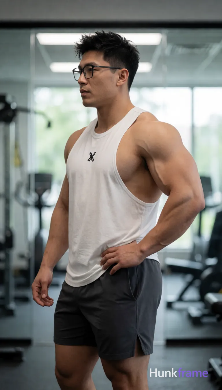 Heavily muscular adult man with substantial muscle mass, wide shoulders, thick neck, large chest and arms, powerful thighs, and dense bodybuilding proportions; an anonymous figure man with light to medium tan skin and short textured black hair featuring a slightly spiky top, clean-shaven face wearing thin black-rimmed glasses covering both eyes; He stands in profile facing left with slight torso twist, right hand resting on hip near shorts pocket, left arm relaxed at side; Wearing white sleeveless tank top with small black logo on chest and dark grey athletic shorts with side slits; Broad shoulders, defined pectorals, large biceps and triceps, visible abdominal definition, thick thighs; Indoor gym setting with glass walls and exercise equipment blurred in background by shallow depth of field; Overhead fluorescent lighting creating soft shadows mixed with natural light filtering through windows behind subject; High contrast emphasizing muscle definition on full body shot from head to mid-calf; Athletic photography style; The adult man visibly wears black-rimmed glasses with thin frames and clear; single clean uninterrupted photograph with a cohesive editorial composition and plain continuous surrounding surfaces