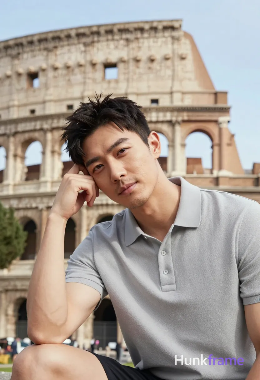 Asian man with short dark textured hair and light stubble poses suggestively in a vertical portrait; He wears a light gray textured polo shirt, seated leaning left elbow on surface right hand against temple head tilted slightly left gaze direct calm composed slight smile; Background features blurred Colosseum under clear blue sky with warm beige stone tones; Shallow depth of field portrait-focused composition soft natural lighting foreground right occupying lower-right quadrant; single clean uninterrupted photograph with a cohesive editorial composition and plain continuous surrounding surfaces