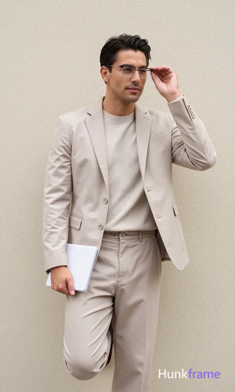 an anonymous figure man in his 30s, light to medium tan skin, short textured dark brown hair styled upward at the crown; He wears rectangular wire-frame glasses with thin dark rims resting on nose and ears, clean-shaven face, slim build standing against a textured beige wall outdoors; Left hand raised adjusting eyewear near right eye while holding white notebook in right hand at hip level; weight shifted onto left leg with slight knee bend, right leg straight relaxed; Wearing beige single-breasted blazer with notched lapel and flap pockets over light beige ribbed crew-neck sweater, matching beige trousers with cuffed hems; The adult man visibly wears rectangular wire-frame glasses with thin dark rims; lenses clear; resting on nose and ears; visible in both eyes on his face; preserve the exact frame shape, rim style, color, material, and lens tint, shot on iPhone 15 Pro main camera, authentic smartphone computational photography, natural Smart HDR and true-to-life skin texture, vertical 9:16 Xiaohongshu lifestyle feed, bright clean everyday scene; single clean uninterrupted photograph with a cohesive editorial composition and plain continuous surrounding surfaces