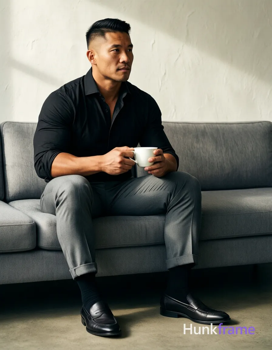 Asian man with medium-dark skin and short black fade hair sits left-center on a grey sectional sofa, fully clothed in a rolled-sleeve black button-up shirt, cuffed grey trousers, black socks, and leather loafers. He holds a white ceramic cup at waist level while gazing off-camera right with neutral expression. Broad shoulders and thick thighs are defined by dramatic directional light from the left against an off-white textured wall background. High-resolution studio finish captures clean lines in this athletic photography composition emphasizing sculpted physique., a single uninterrupted photograph only, no written words or typography anywhere in frame, no captions, no app UI, no social-media post layout, no screenshot borders