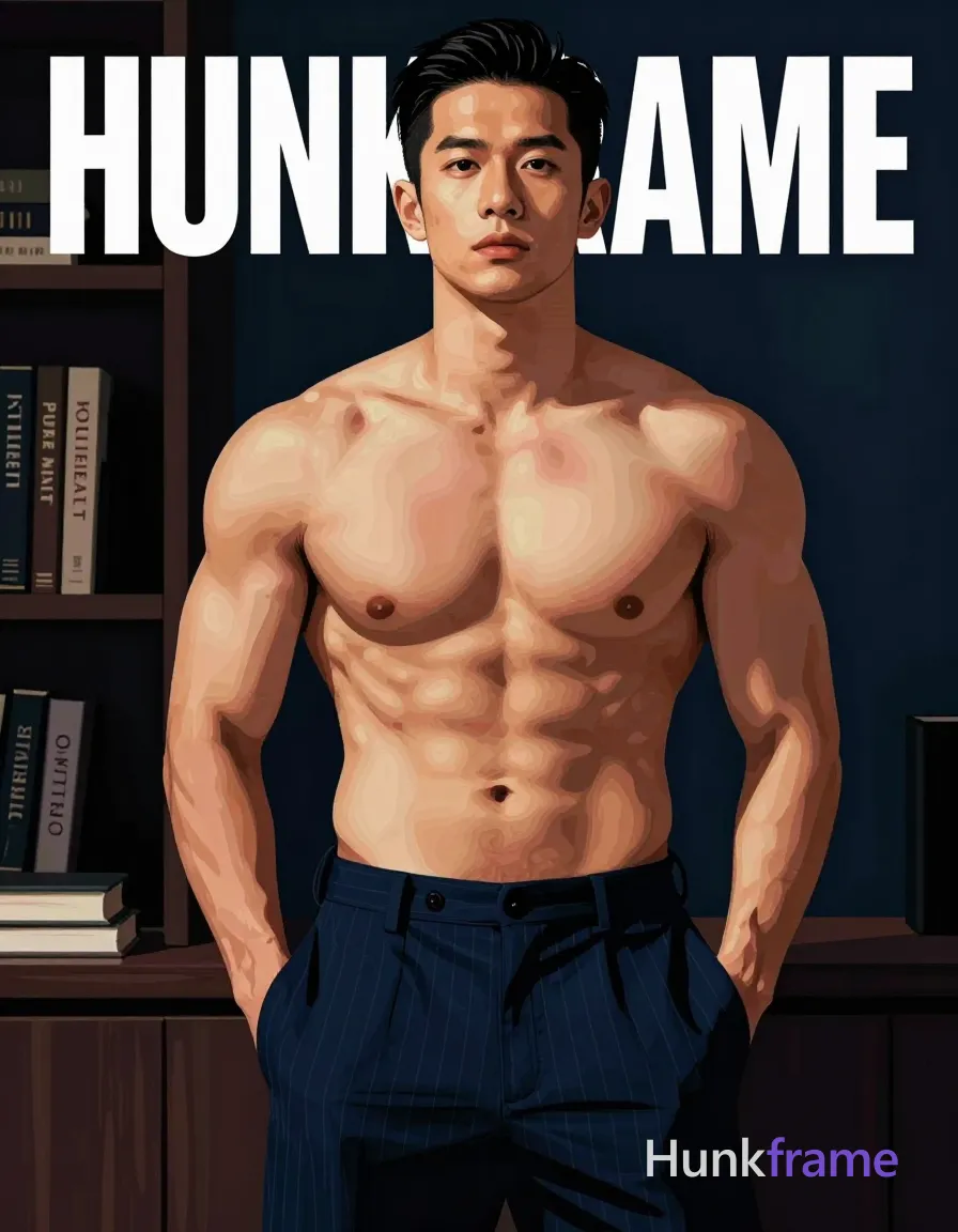 Asian man with short black hair styled back, clean-shaven face, neutral direct gaze standing center-left. Shirtless bare torso revealing highly muscular chest and abs, defined pectorals, six-pack abs, visible vascularity on arms against dark blue pinstriped trousers. Hands deep in trouser pockets creating a teasing relaxed pose. Indoor studio setting with dark bookshelf background featuring spines 'PURE MALT' and 'E PAPILLON'. Dramatic directional lighting from front-right casts high-contrast highlights on tanned skin and sculpted muscles, warm tans mixed with deep blues. Bold flat-color poster graphic design style, waist-up portrait crop to mid-thigh, clean vector line aesthetic, premium masculine editorial mood. Include exactly one visible wordmark, spelled exactly "HUNKFRAME", in the same compositional text position; preserve its appropriate typography and scale. No other visible text, logo, caption, username, hashtag, comment, watermark, or UI chrome., a single uninterrupted photograph only, no written words or typography anywhere in frame, no captions, no app UI, no social-media post layout, no screenshot borders