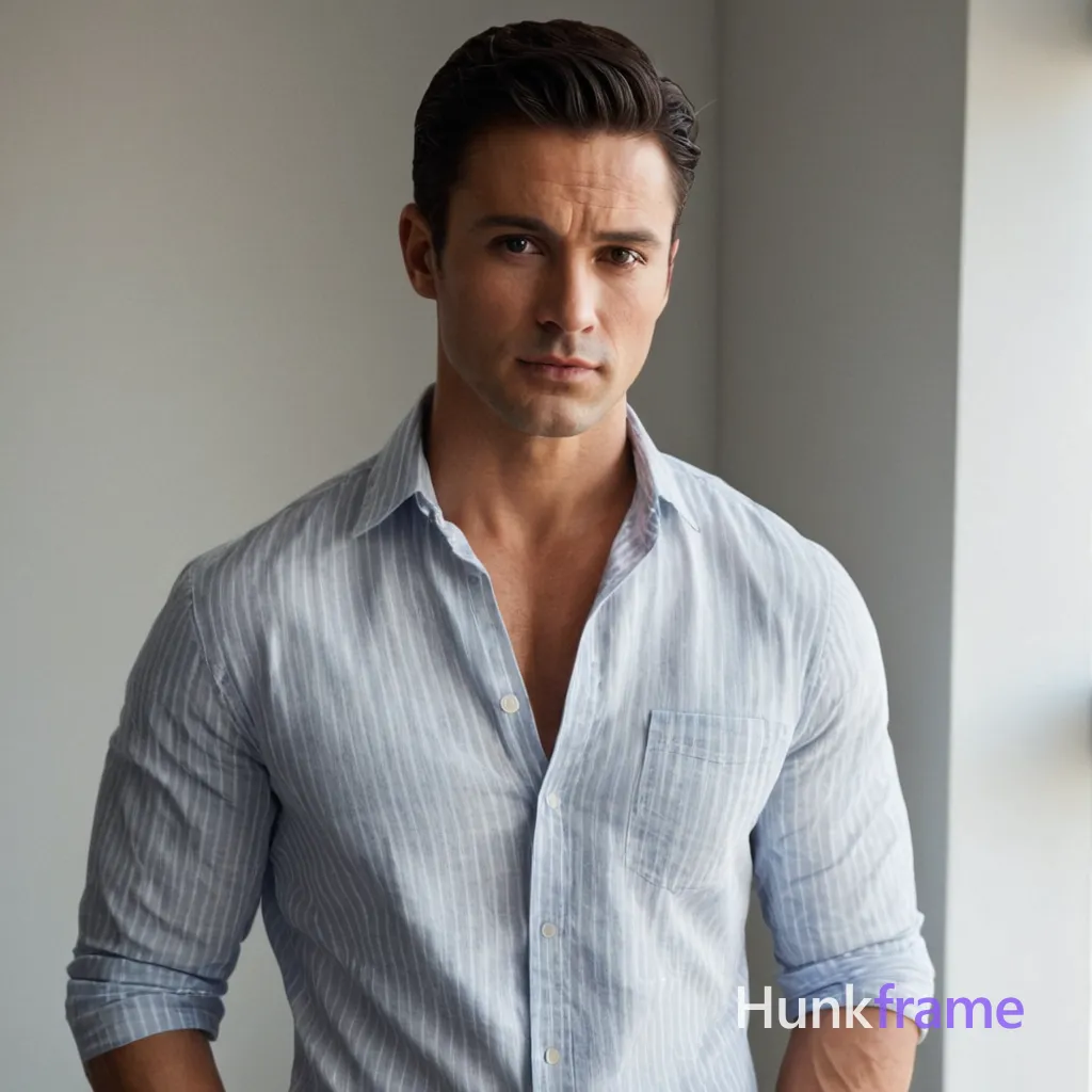 In a modern studio with white walls and minimal decor, an an anonymous figure man leans against the wall in a relaxed yet commanding pose. He is partially unclothed, wearing a striped button-up shirt unbuttoned to reveal his chest and defined abs. The lighting is soft and natural from a large window, casting delicate shadows on the wall behind him. His short black hair frames his face, and he has dark brown eyes with a serious expression