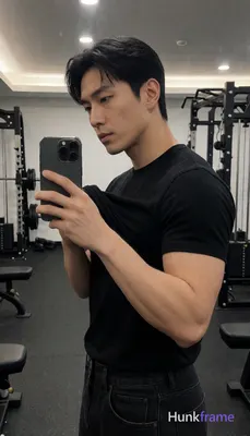 Asian man with light-medium skin and short dark hair featuring a side parting, c