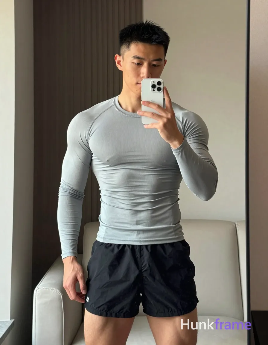 an anonymous figure man with light to medium tan skin and short black straight hair featuring a neat side parting at the temple, clean-shaven face; He stands in front of a mirror holding a white smartphone with his left hand for a selfie capture while his right arm rests relaxed by his side; He wears a tight-fitting ribbed light gray long-sleeve compression shirt and black athletic shorts with a small white logo on the lower left leg, fully clothed; His physique displays broad shoulders, defined pectorals, vascular forearms, and thick thighs visible in the frame; The setting is an indoor room with light-colored walls, dark wood paneling in the background, and a partially visible white sofa behind him; Soft ambient lighting mixed with natural daylight from the right casts subtle shadows; Vertical portrait composition centered vertically and horizontally in the mirror reflection showing full torso to mid-thigh, shot on iPhone 15 Pro main camera, authentic smartphone computational photography, natural Smart HDR, vertical 9:16 Xiaohongshu lifestyle post; single clean uninterrupted photograph with a cohesive editorial composition and plain continuous surrounding surfaces