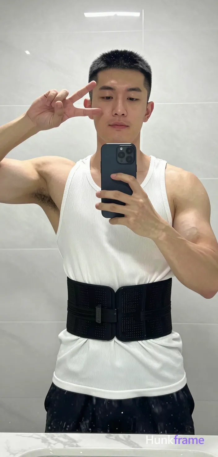 Asian man with short black buzz cut and clean-shaven face, light-medium skin tone in polished anime 2.5D style taking a vertical mirror selfie; He stands facing the glass holding a black smartphone at chest level with left hand while making a peace sign near his head with right fingers; Wearing a white ribbed tank top fully covering torso and a black waist trainer compression belt around midsection showing 'PRO COMBAT' text at bottom edge; Broad shoulders, defined pectorals, large biceps, visible abdominal definition rendered with high-quality character art in indoor bathroom setting with white tiled walls and gray marble floor tiles; Bright frontal lighting from phone flash creating soft shadows on torso; single clean uninterrupted artwork with a cohesive composition and plain continuous surrounding surfaces