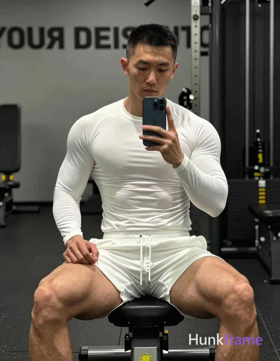 Asian adult man with short black buzz cut and clean-shaven face, neutral expression gazing directly into mirror reflection; Seated on gym bench facing forward in vertical portrait composition, legs spread wide apart with knees bent to prominently display thick quads and defined glutes; Shirtless torso covered by form-fitting white long-sleeve compression shirt clinging from neck to waistline; matching white athletic shorts ending mid-thigh showing drawstring waistband at front center; Holding dark blue smartphone vertically in right hand capturing reflection, left hand resting on left thigh near hip area; Background features gym equipment behind him on the right side and partial wall text 'YOUR DEST'; High-contrast lighting emphasizes sculpted musculature of abdomen including defined abs and obliques against industrial fluorescent glow; FULL TEXT REPLACEMENT: remove every original source word, sentence, slogan, logo, and partial spelling from the text-bearing area, then replace it with only the wordmark, spelled exactly "hunkframe" in the original compositional text position; This is replacement; Preserve appropriate typography and scale; No other visible text; single clean uninterrupted photograph with a cohesive editorial composition and plain continuous surrounding surfaces