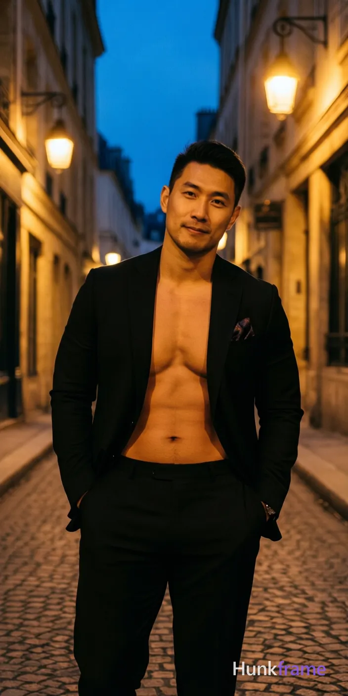A handsome Asian man standing confidently in an urban alleyway at dusk, hands tucked into pockets, torso slightly leaning forward. He is shirtless with a black suit jacket and pocket square, dressed neatly in black dress pants. The image captures him from waist up, emphasizing his muscular build and thick thighs. Soft street lighting creates a warm and inviting atmosphere, complemented by dark tones typical of an evening urban setting. His strong presence within the frame exudes sophistication and confidence