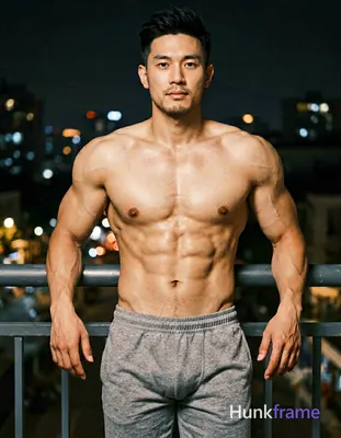 Asian adult man with light tan skin and short dark black hair styled upward at the crown, clean-shav