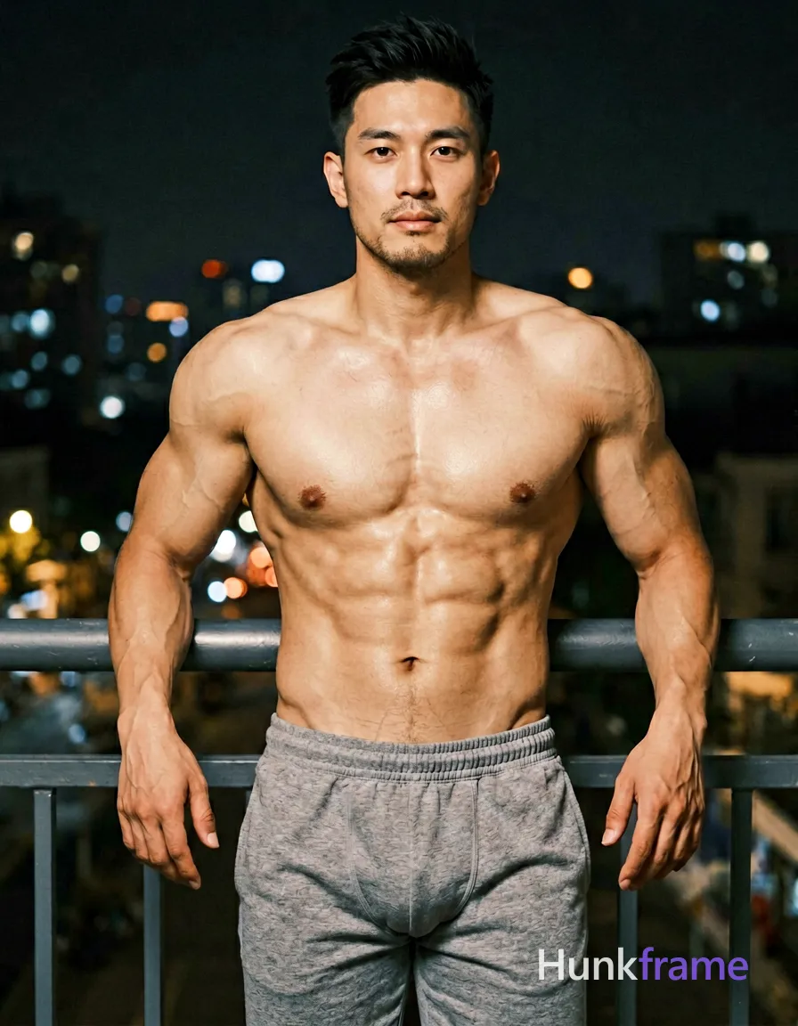 Asian adult man with light tan skin and short dark black hair styled upward at the crown, clean-shaven chin with light jawline stubble; Shirtless torso revealing broad shoulders, defined deltoids, visible biceps veins, six-pack abs, narrow waist, wearing gray sweatpants with elastic waistband; Standing upright leaning slightly forward against a balcony railing, arms bent at elbows resting on railings with hands open and relaxed; Nighttime urban setting with blurred city lights in background, high-contrast lighting creating soft highlights on skin texture; Vertical portrait composition 13:19, head near top third line, torso filling middle frame, legs cropped below waist; Bold flat-color poster style; securely fitted underwear or swim trunks with complete frontal coverage; single clean uninterrupted photograph with a cohesive editorial composition and plain continuous surrounding surfaces