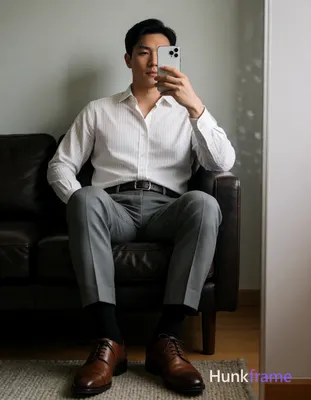 Asian man seated on dark leather sofa, legs spread apart with knees bent; Right arm raised holding w