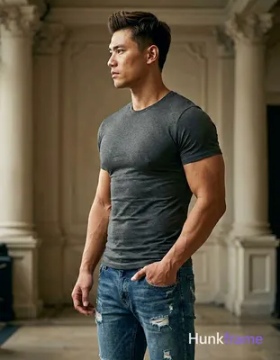 A muscular adult man with light-medium skin and dark brown/black short hair styled upward stands in