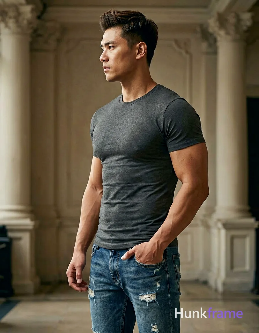 A muscular adult man with light-medium skin and dark brown/black short hair styled upward stands in profile facing left, right hand in pocket. He wears a dark grey fitted crew-neck t-shirt and blue denim jeans with distressed details. Fully clothed athletic physique captured from mid-thigh up on the right third of an ornate indoor architectural space with columns. Soft directional light illuminates him from the left against muted beige tones. Shallow depth of field, slightly desaturated colors, confident strength in fine-art gym photography., wearing underwear or swim trunks, covered genitals, no frontal nudity, a single uninterrupted photograph only, no written words or typography anywhere in frame, no captions, no app UI, no social-media post layout, no screenshot borders