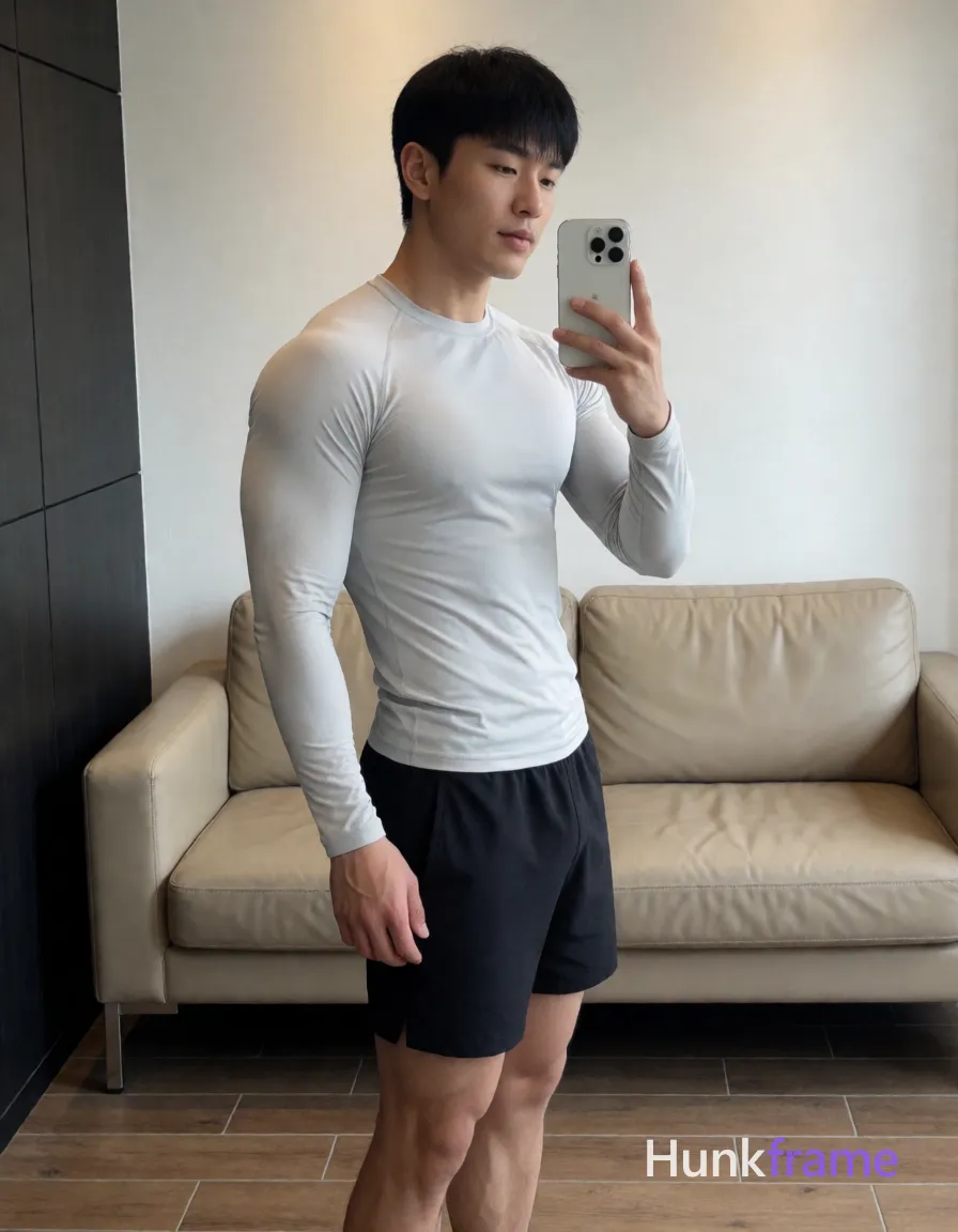 Asian man with short black hair and straight bangs stands in a modern dressing room, slightly turned to the side while holding a white smartphone for a candid mirror selfie; He wears a fitted light gray long-sleeve compression shirt covering torso completely and black athletic shorts ending mid-thigh; Full-body vertical shot from head to bare feet against beige leather sofa background and wooden floor tiles with dark paneling visible on the left wall; Soft directional daylight illuminates front-left musculature of very muscular build with defined abs and arms; High-resolution lifestyle photography emphasizing athletic physique definition in a trendy social feed aesthetic, shot on iPhone 15 Pro main camera, authentic smartphone computational photography, natural Smart HDR, vertical 9:16 Xiaohongshu lifestyle post, bright clean gym or cafe scene, wardrobe matching reference outfit, confident everyday blogger pose, phone photo with natural grain, phone held naturally in one hand for selfie, phone visible in frame; single clean uninterrupted photograph with a cohesive editorial composition and plain continuous surrounding surfaces