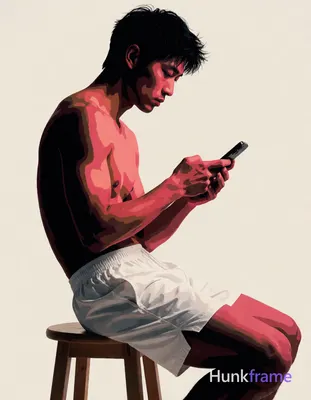 Bold flat-color wall art graphic design of shirtless Asian man with tanned skin seated sideways on w