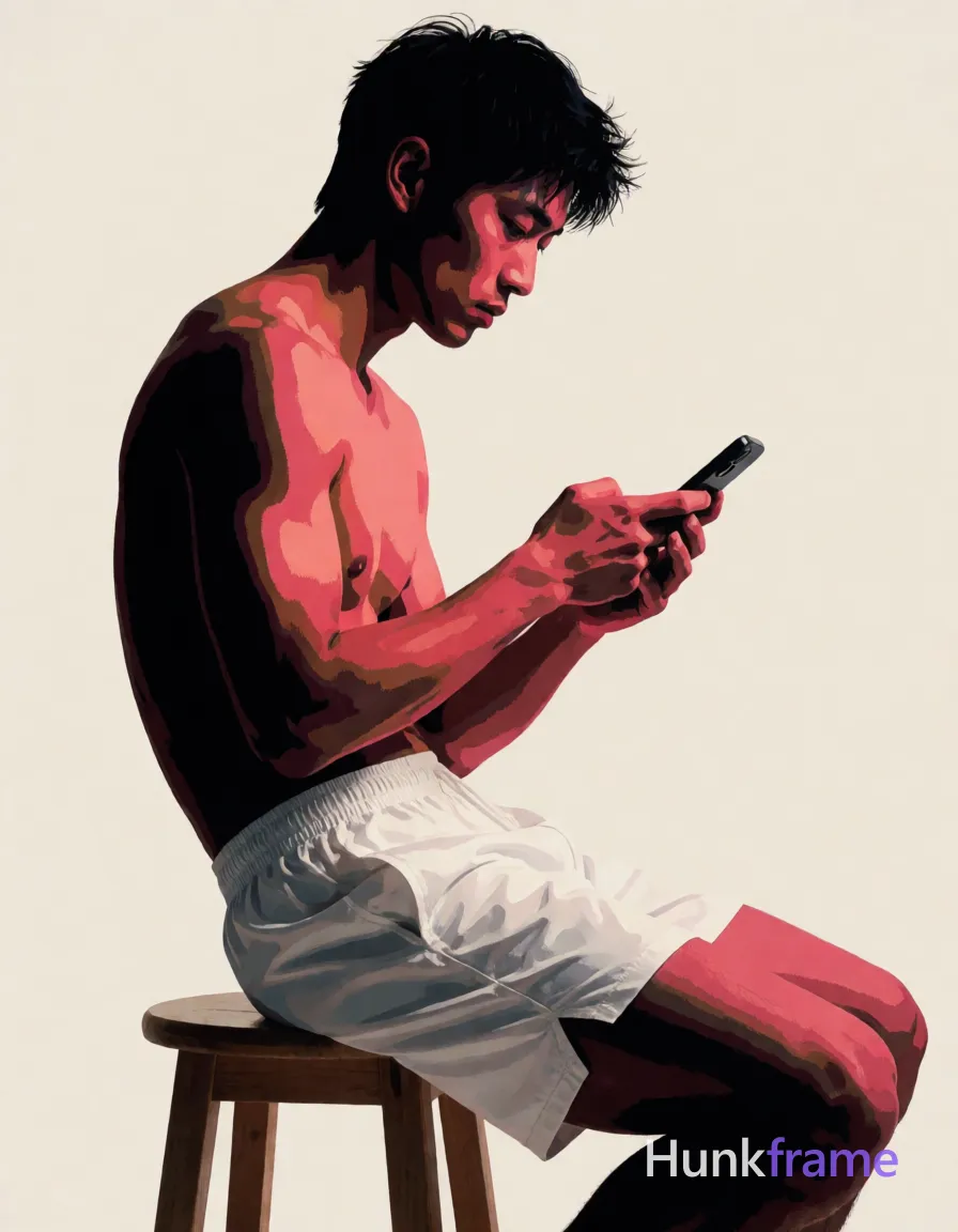 Bold flat-color wall art graphic design of shirtless Asian man with tanned skin seated sideways on wooden stool; Short dark tousled hair, clean-shaven chin holding black smartphone at chest level; White loose-fitting athletic shorts reaching mid-thigh exposing entire upper torso including pectorals and abdomen; Right leg extended forward displaying thick thighs with prominent quadriceps; left arm bent near lap thumbs over screen; High-contrast color blocking with deep blacks in shadows punctuated by warm pink-red highlights from phone glow on skin; single clean uninterrupted photograph with a cohesive editorial composition and plain continuous surrounding surfaces