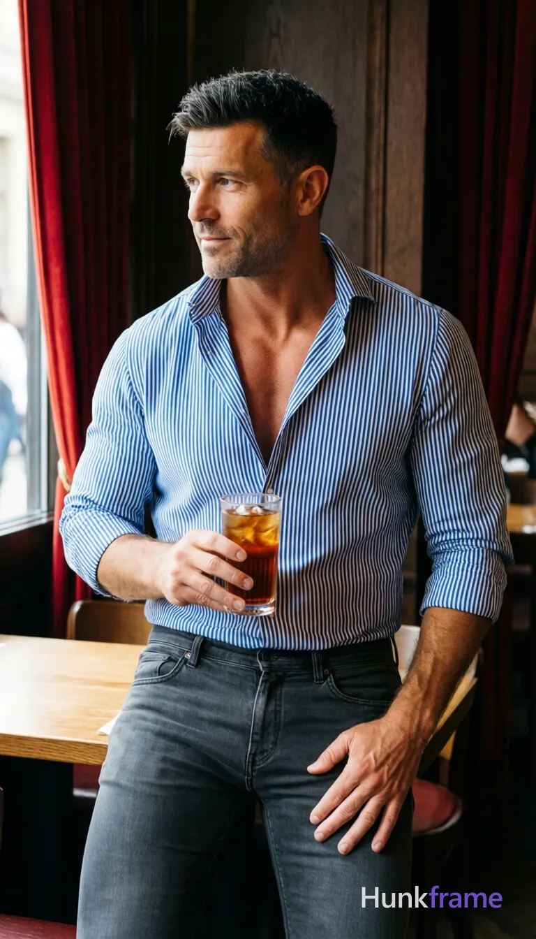 an anonymous figure man in his 30s with light to medium tan skin, short dark black textured hair with side parting and clean-shaven face; Standing casually near a wooden table holding a clear tumbler of amber-colored iced tea, right arm relaxed elbow bent slightly, left hand resting on thigh wearing blue and white vertical striped button-down shirt collar open to reveal upper chest above defined pectoral muscles and dark gray slim-fit jeans; Vertical portrait crop framing him from mid-thigh up in an indoor restaurant with dark wood paneling and red velvet curtains; Soft natural light illuminates the left side of his face, candid lifestyle aesthetic capturing a trendy social-feed vibe; FULL GARMENT TEXT REPLACEMENT: remove every source garment word, sentence, slogan, logo, and partial brand spelling from every existing print area, then replace those source marks with only the wordmark, spelled exactly "HF"; This is replacement, Repeated "HF" marks are allowed only where the source garment already had printed text; preserve appropriate placement, typography, color, and; single clean uninterrupted photograph with a cohesive editorial composition and plain continuous surrounding surfaces