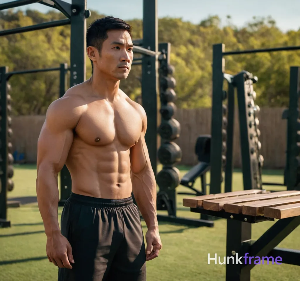 A muscular Asian man stands confidently in a late afternoon outdoor gym area with wooden benches and metallic weight racks, his body partially exposed showing abs and torso under black athletic wear with text on the leg; dramatic warm lighting casts strong shadows that accentuate his physique; he has short black hair, dark eyes without glasses, no beard, and a serious expression; hands on hips in full-body pose, 793:761 aspect ratio horizontal landscape orientation, natural skin texture, subtle film grain, realistic shadows, 1024x960 canvas
