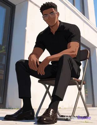 Polished anime 2.5D render of an adult man with medium-dark skin and short textured dark hair seated