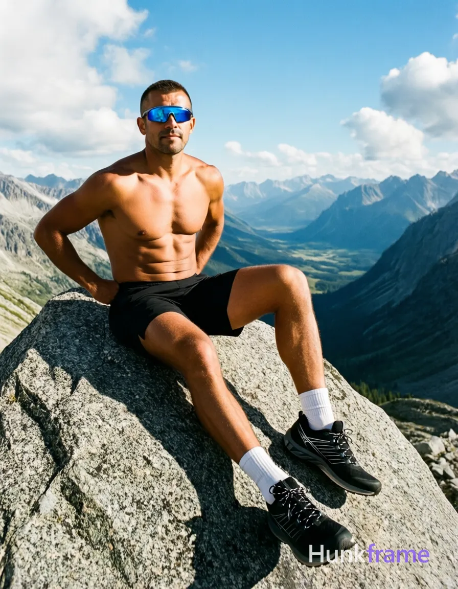 Hispanic or latino man, tanned skin, short dark brown buzz cut with no parting, wearing reflective blue-tinted wraparound sunglasses on face; Seated upright on large granite rock outcrop leaning back against hands behind hips, legs extended forward knees bent at 90 degrees feet resting on lower slope shirtless bare chest abdomen shoulders arms broad shoulders defined pectorals six-pack abs thick thighs black athletic shorts mid-thigh white crew socks ankle bone black trail running shoes with white laces; High alpine ridge overlooking valley and distant peaks under blue sky scattered cumulus clouds bright natural sunlight from upper left casting strong shadows wide-angle perspective shallow depth of field high dynamic range fine-art photography dramatic lighting adventurous confident serene mood 7:4 aspect ratio horizontal landscape orientation The adult man visibly wears wearing reflective blue-tinted sunglasses with thin metallic frames, wraparound style covering eye region completely on his face; preserve the exact frame shape, rim style, color, material, and lens tint; single clean uninterrupted photograph with a cohesive editorial composition and plain continuous surrounding surfaces