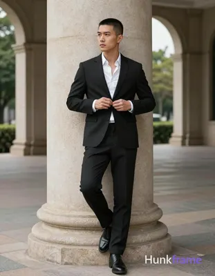 Asian man with short black buzz cut and clean-shaven face, neutral serious expression gazing off-cam