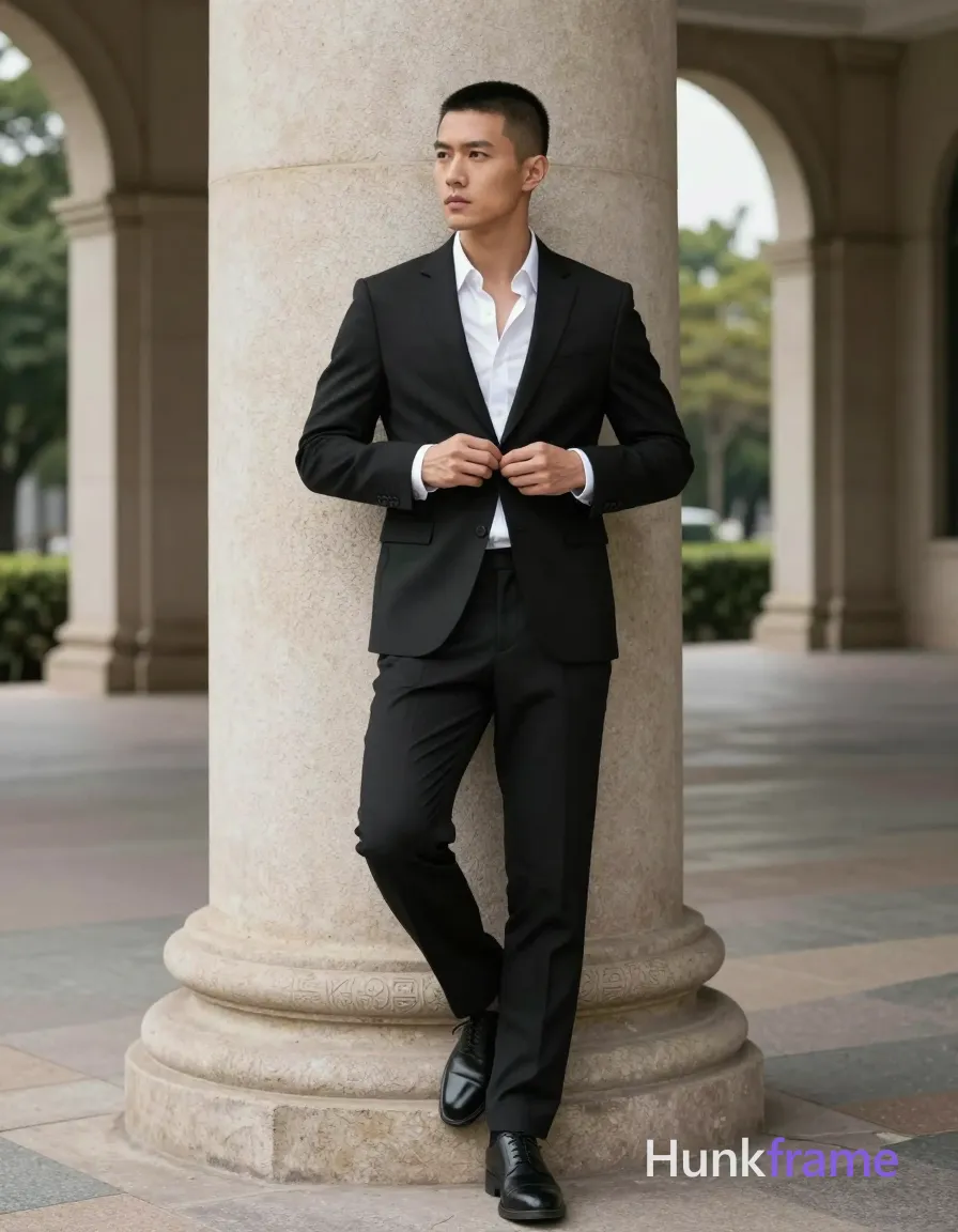 Asian man with short black buzz cut and clean-shaven face, neutral serious expression gazing off-camera left; Standing leaning against a stone column, right shoulder pressed in, weight on left leg while right foot rests on the base, knees slightly bent; Buttoning white button-down dress shirt under open collar without tie near mid-torso with both hands at chest level; Wearing black two-piece suit jacket and trousers, unobstructed face with both eyes, irises, eyebrows, temples, and nose bridge clearly visible visible, skin light-medium tone; Black leather oxford shoes, artistic partial nude neck exposed; Full-body shot center-left against large stone column background showing arched colonnade and greenery beyond; Soft natural daylight diffused by overcast sky or shaded environment, even illumination across face and body; Fine-art photography fashion editorial aesthetic sculpted posing premium styling handsome masculine man as Xiaohongshu fitness influencer candid lifestyle scene trendy vibe; single clean uninterrupted photograph with a cohesive editorial composition and plain continuous surrounding surfaces