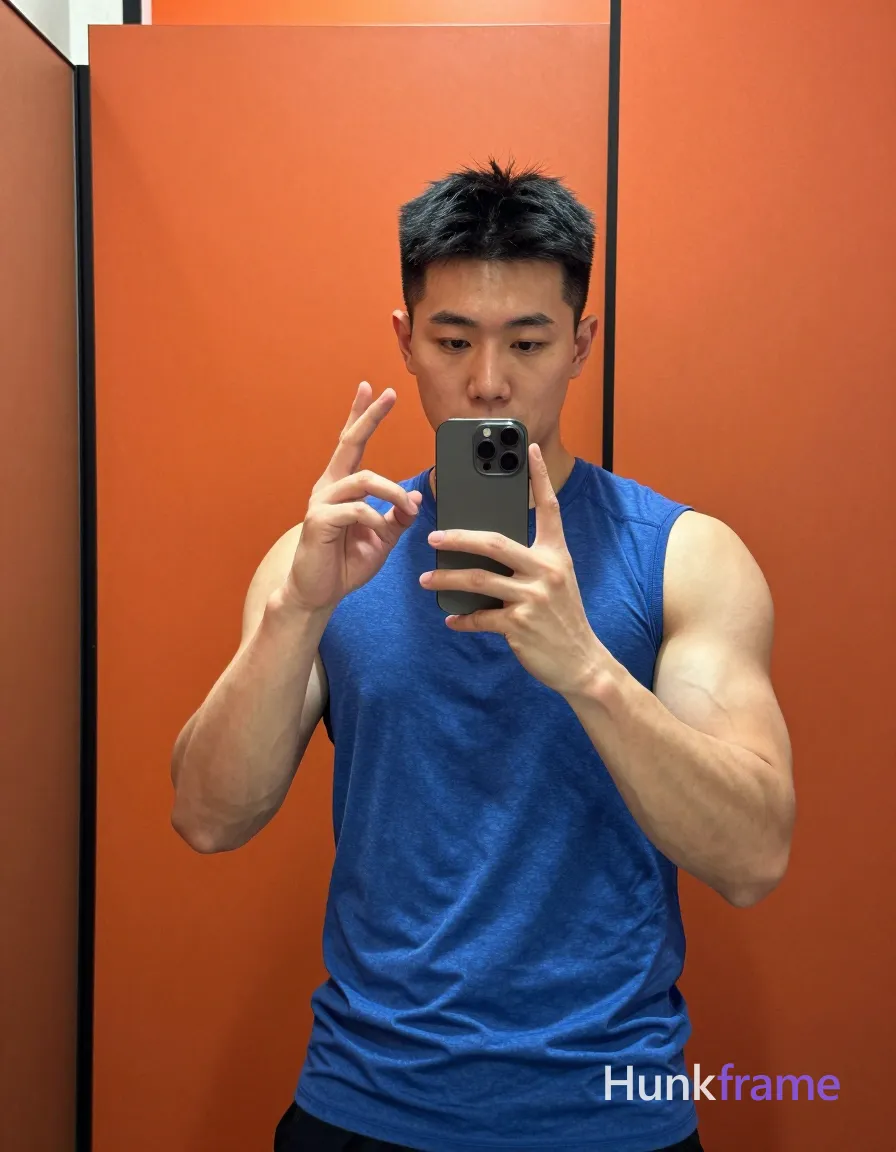 Asian man with light-medium skin and short black hair standing in a modern bathroom, facing a large mirror against an orange wall; He wears a blue sleeveless athletic shirt covering his torso, revealing very muscular biceps and triceps; His right hand holds a smartphone at chest level to take the shot while his left hand makes an open-fingered gesture near his cheek; The composition is vertical portrait 13:19 with head-to-waist framing; the phone obscures the lower face emphasizing neutral, focused expression under soft frontal lighting that sculpts strong muscle definition, shot on iPhone 15 Pro main camera, authentic smartphone computational photography, natural Smart HDR, vertical 9:16 Xiaohongshu lifestyle post, bright clean gym or cafe scene, wardrobe matching reference outfit, confident everyday blogger pose, phone photo with natural grain, phone held naturally in one hand for selfie, phone visible in frame; single clean uninterrupted photograph with a cohesive editorial composition and plain continuous surrounding surfaces