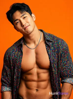 A photorealistic portrait of a handsome, muscular male standing with his head slightly tilted to one