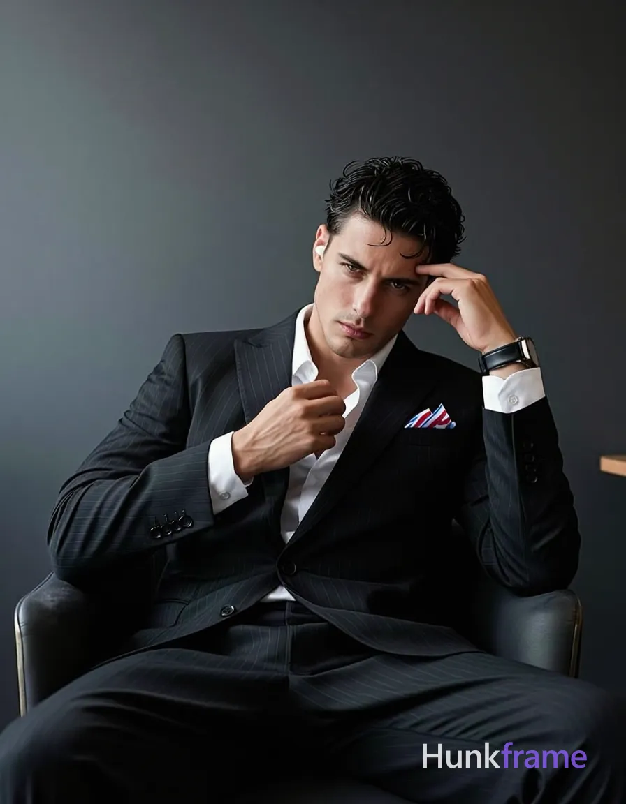 He sits on a black chair, leaning forward while his left hand touches the right temple near eyebrow and right hand adjusts collar of white dress shirt under suit jacket; Wearing dark pinstripe single-breasted suit jacket with notched lapel, visible red/white/blue striped pocket square, cuffs peeking out from sleeves; Fully clothed adult male torsoState; Smartphone held naturally in one hand creating coherent reflection geometry against a dark gray gradient background; Dramatic directional lighting from upper-left creates strong shadows on right side of face and body; Shallow depth of field with sharp focus on facial expression and gesture; Minimalist composition emphasizing restrained emotion, serious contemplative gaze directed forward, shot on iPhone 15 Pro main camera, authentic smartphone computational photography, natural Smart HDR, vertical 9:16 Xiaohongshu lifestyle post, bright clean gym or cafe scene, wardrobe matching reference outfit, confident everyday blogger pose, phone photo with natural grain; single clean uninterrupted photograph with a cohesive editorial composition and plain continuous surrounding surfaces