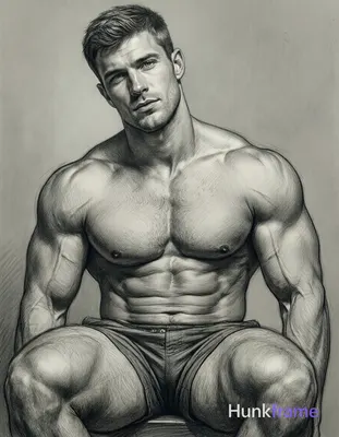 A pencil sketch of a shirtless man with short hair, head slightly tilted to the 