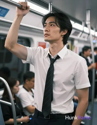 Asian man with light-medium warm skin, black medium-length side-parted hair, clean-shaven face, neut