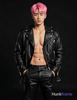 Asian man with pink-dyed short hair and side-swept bangs, clean-shaven face, neu