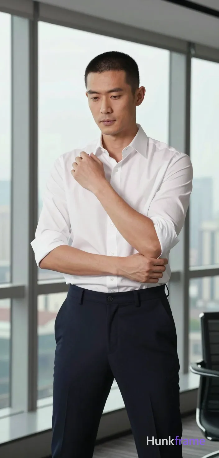 standing with one hand adjusting a rolled sleeve; three-quarter turn; calm focused expression; medium portrait, eye level; standing with one hand adjusting a rolled sleeve; three-quarter turn; calm focused expression; medium portrait, eye level. standing with one hand adjusting a rolled sleeve; three-quarter turn; calm focused expression; medium portrait, eye level. same clearly adult male subject; preserve the exact visible face, hairstyle, skin tone, apparent adult age, body proportions, and distinctive marks from the reference; do not add people. 1 adult male subject in the same session. light to medium, short black buzz cut, clean-shaven, lean build, defined shoulders, white button-down shirt sleeves rolled to elbows, dark navy dress trousers. same setting: office interior with large windows overlooking city skyline. same lighting: high contrast window light from floor-to-ceiling windows, soft interior ambient glow. same palette: white, navy blue, black, red accent. same mood and image character: premium fashion-editorial, clean composition, single uninterrupted photograph, no written words or typography anywhere in frame. same medium and visual style: photo, Premium fashion-editorial framing with clean composition and vertical portrait aspect ratio. Wearing white button-down shirt sleeves rolled to elbows and dark navy dress trousers. Fully clothed lean build with defined shoulders. High contrast window light from floor-to-ceiling windows overlooking city skyline, soft interior ambient glow. Premium fashion-editorial framing, clean composition, vertical portrait 13:19 aspect ratio., a single uninterrupted photograph only, no written words or typography anywhere in frame, no captions, no app UI, no social-media post layout, no screenshot borders. standing with one hand adjusting a rolled sleeve; three-quarter turn; calm focused expression; medium portrait, eye level; standing with one hand adjusting a rolled sleeve; three-quarter turn; calm focused expression; medium portrait, eye level., a single uninterrupted photograph only, no written words or typography anywhere in frame, no captions, no app UI, no social-media post layout, no screenshot borders