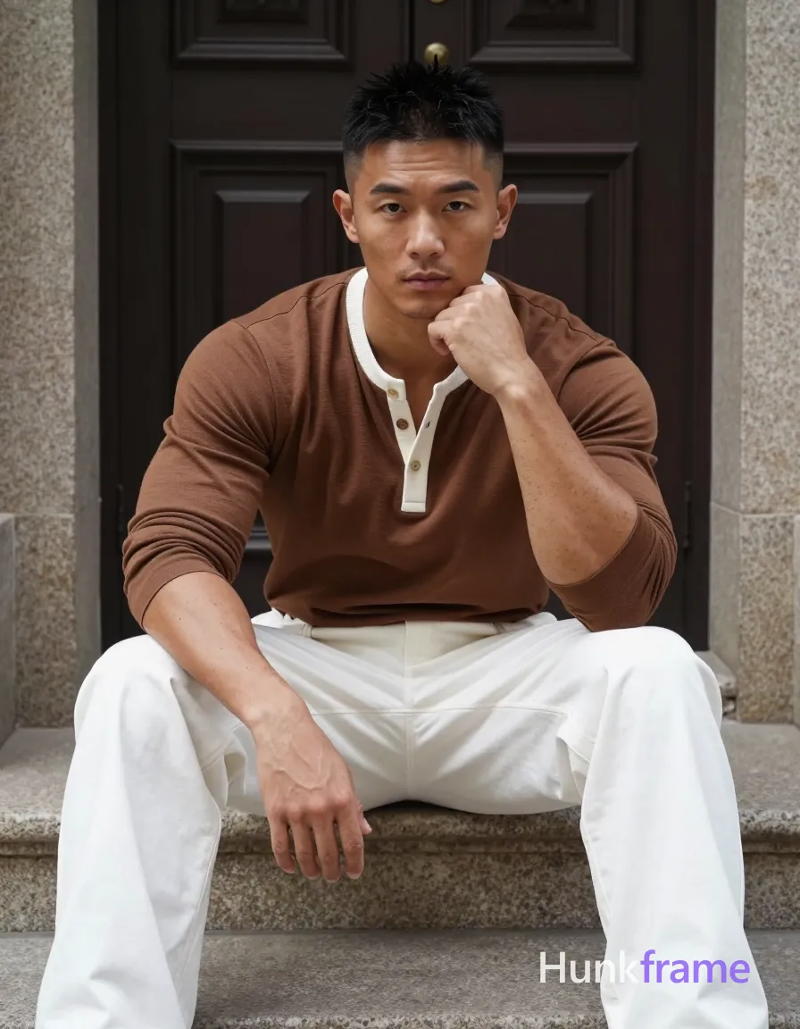 Asian man with short black textured spiky hair fading to tight buzz, clean-shaven face, neutral contemplative gaze directed at camera; Seated on stone steps in front of dark ornate double doors, knees bent and legs spread apart, left hand resting under chin, right arm extended downward along thigh; Wearing brown long-sleeve henley shirt with white ribbed collar trim and button placket, fully clothed torso, white wide-leg trousers; Full-body shot from head to knees centered composition; Natural daylight illuminating earthy palette of browns, whites, and stone grays; Muscle bear aesthetic highlighting rugged warm confidence, broad shoulders visible under lean build fabric, dense body hair texture implied by lighting, clean lines, neutral tones with dramatic sculpted lighting emphasizing meaty chest structure; single clean uninterrupted photograph with a cohesive editorial composition and plain continuous surrounding surfaces
