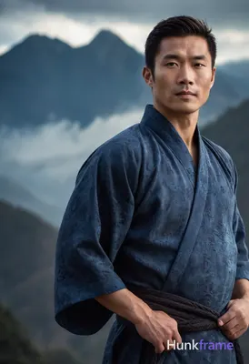A handsome Asian man standing confidently in traditional Chinese robes against a