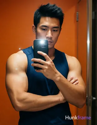 Asian man with light to medium tan skin and short dark black hair featuring a textured top with slig