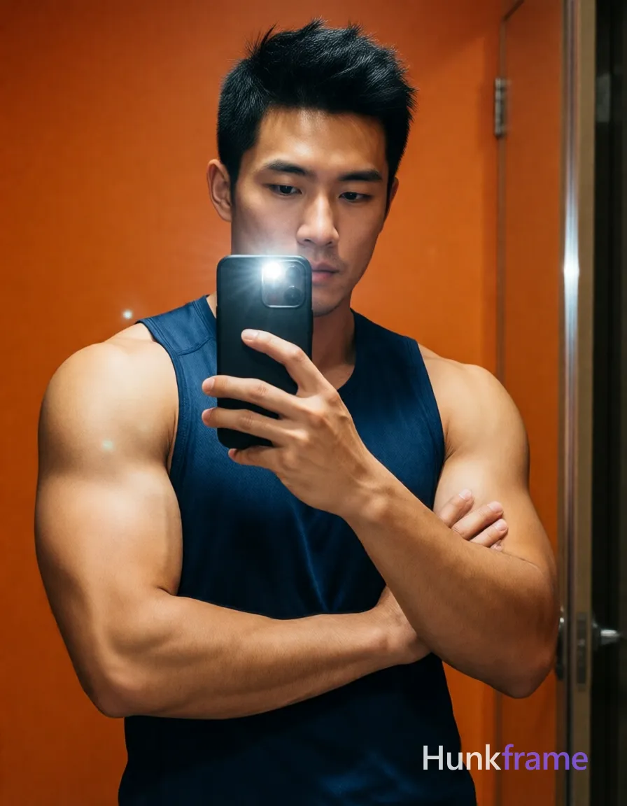 Asian man with light to medium tan skin and short dark black hair featuring a textured top with slightly spiky front; He stands in front of an indoor mirror against an orange wall background, holding a black smartphone with both hands to capture a high-contrast mirror selfie reflection; His left arm crosses over his chest while he wears a dark blue sleeveless athletic tank top covering his torso fully; The image displays sharp focus on highly muscular build defined deltoids and biceps with visible vascularity on arms under direct frontal lighting from the phone flash; single clean uninterrupted photograph with a cohesive editorial composition and plain continuous surrounding surfaces
