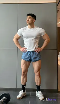Asian man with short black buzz cut and light stubble stands in a gym mirror, hands on hips at waist