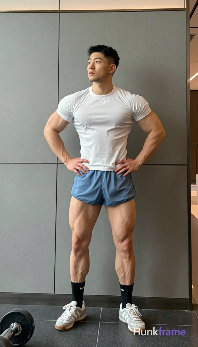 Asian man with short black buzz cut and light stubble stands in a gym mirror, hands on hips at waist level; He wears a white snug compression shirt exposing defined pectorals, light blue mid-thigh shorts, and black ankle socks with one Nike swoosh logo paired with athletic sneakers; The vertical 13:19 crop captures the full body from head to toe against grey paneled walls and dark tiled floors under soft overhead recessed lighting; Natural color grading renders realistic skin texture on broad shoulders and thick thighs while he gazes upward slightly left of camera in a confident, focused pose, shot on iPhone 15 Pro main camera, authentic smartphone computational photography, natural Smart HDR, vertical 9:16 Xiaohongshu lifestyle post, bright clean gym or cafe scene, wardrobe matching reference outfit, confident everyday blogger pose, phone photo with natural grain; single clean uninterrupted photograph with a cohesive editorial composition and plain continuous surrounding surfaces