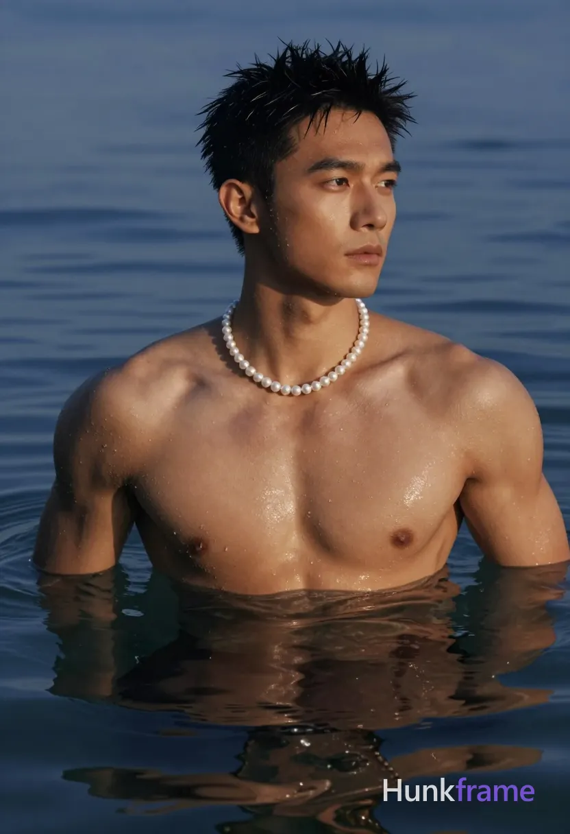 Asian man with tanned skin and short dark black hair styled upward, textured wet appearance from water immersion; Clean-shaven face with calm contemplative gaze directed away to the right; Shirtless upper torso above chest-level submersion in natural body of water, wearing a pearl necklace around bare neck and shoulders; Broad shoulders, defined pectoral muscles, visible abdominal definition; Fine-art photography aesthetic, sculpted lighting on wet skin and hair, high-contrast cool blue water reflections creating depth against warm tanned tones; Vertical portrait composition centered on upper torso above waterline with lower body submerged out of frame; single clean uninterrupted photograph with a cohesive editorial composition and plain continuous surrounding surfaces