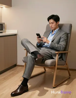 Adult man reclining on a modern lounge chair, legs crossed with right foot resti