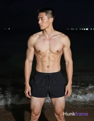 Asian man with short buzz cut and clean-shaven face stands upright in night beach setting, torso ang