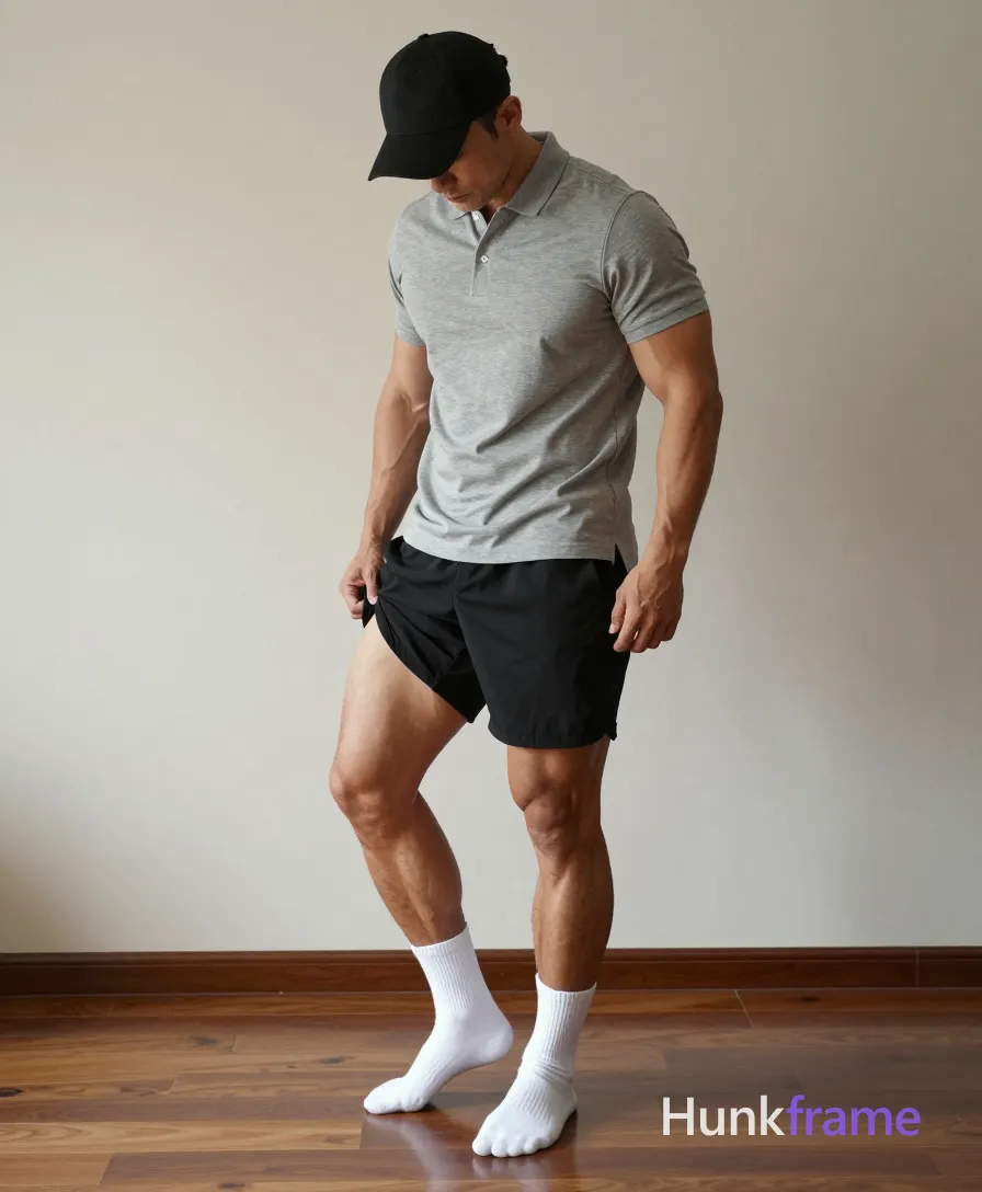 An athletic adult male with light to medium tan skin stands sideways in a clean-lined indoor space, head bowed beneath a black baseball cap; He is captured mid-action pulling up his black athletic shorts with both hands, waistband rising above the knee on one side while he balances weight onto his right leg; His physique features broad shoulders and thick thighs visible below the hem of a heather grey short-sleeve polo shirt buttoned to the second collar; White crew socks complete the look against dark wood flooring illuminated by soft directional natural light from the right; single clean uninterrupted photograph with a cohesive editorial composition and plain continuous surrounding surfaces