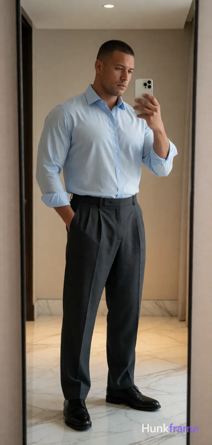 Heavily muscular adult man with substantial muscle mass, wide shoulders, thick neck, large chest and arms, powerful thighs, and dense bodybuilding proportions; Korean man with light-medium skin and short buzz cut stands upright facing a full-length mirror in an interior room; He wears a light blue button-down dress shirt with rolled cuffs, dark grey pleated trousers with a visible belt, and black leather dress shoes; His left hand is inserted into the front pants pocket while his right arm raises a white smartphone to capture a mirror selfie; The heavily muscular build occupies majority vertical space in the reflection; Soft ambient indoor lighting illuminates clean lines and neutral tones within marble flooring; Polished minimalist mood with dramatic athletic photography direction, same aesthetic theme and photo feel as the reference but a different man in a different pose with distinct body proportions, Slavic man, pale skin, ash blond stubble, tall athletic frame; single clean uninterrupted photograph with a cohesive editorial composition and plain continuous surrounding surfaces